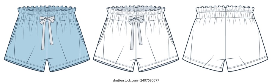 Sport Shorts technical fashion illustration. Short Pants fashion flat technical drawing template, ruffled, drawstring waist, front, back view, white, blue, activewear, sleepwear women CAD mockup set.