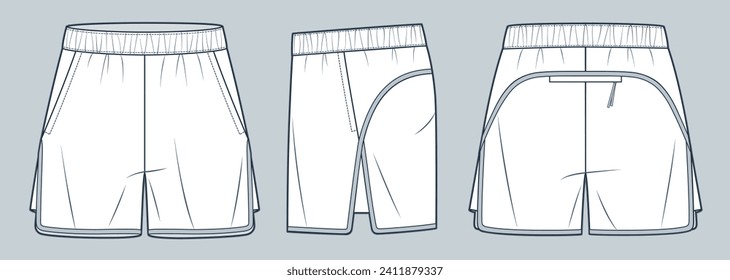 Sport Shorts technical fashion illustration. Short Pants fashion flat technical drawing template, elastic waist, side slit, pockets, front, side and back view, white, women, men, unisex CAD mockup set