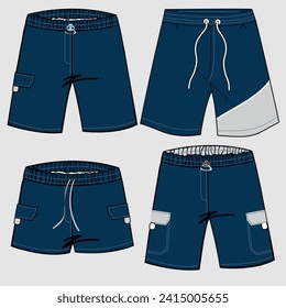 Sport Shorts technical fashion illustration. Sweat Short Pants designs flat technical drawing template, side slip, pockets, front, side and back view, white, blue, women, men, unisex CAD makeup set.