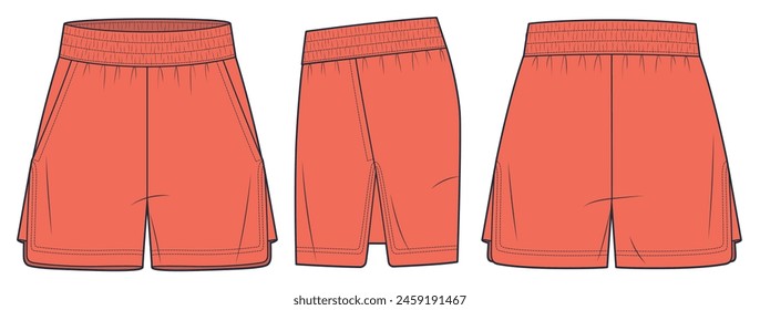 In: Sport Kurzen Videos Technical Fashion Illustration. Short Pants Mode flache technische Zeichnung Vorlage, Seitenschlitz, Taschen, Front-, Seiten- und Rückansicht, Mandarine orange Farbe, Damen, Männer, Unisex CAD Mockup.