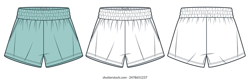 Sport Shorts technical fashion illustration. Short Pants fashion technical drawing template, elastic waist, inside drawstring, front, back view, white, mint green, women, men, unisex CAD mockup set.