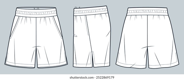 Esporte Shorts ilustração de moda técnica. Calças curtas modelo de desenho técnico de moda, cintura elástica, cordão interior, fenda, frente, vista lateral e traseira, branco, mulheres, homens, maquete CAD unissex.