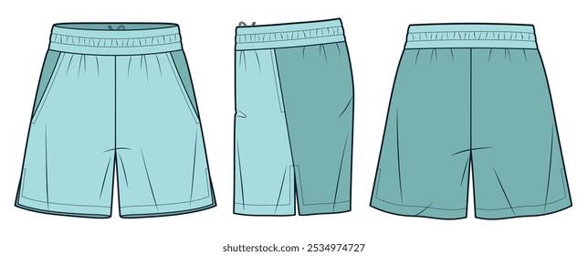 Ilustración técnica de Versiones cortas deportivas. Diseño de moda de pantalones cortos, cintura elástica, cordón de ajuste interior, hendidura lateral, vista frontal, lateral y posterior, verde, mujeres, hombres, maqueta CAD unisex.