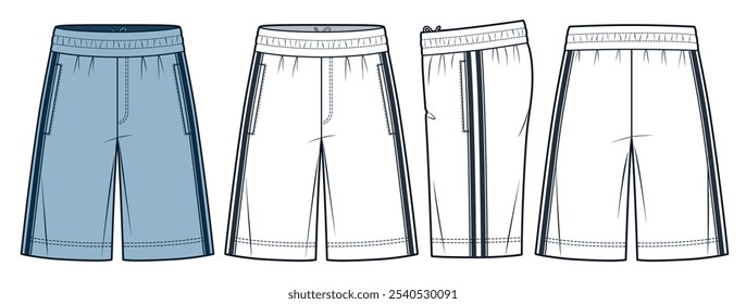 Ilustración técnica de Versiones cortas deportivas. Pantalones cortos de moda plana técnica Plantilla de dibujo, cordón de ajuste interior, rayas, vista frontal, lateral y trasera, blanco, azul, mujeres, hombres, unisex CAD maqueta conjunto