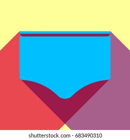 Sport shorts. Vector. Deep sky blue icon with two flat violet and raspberry semitransparent shadows on canary background.