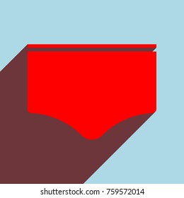 Sport shorts. Vector. Red flat icon with infinte wine shadow to left down corner at sky background.