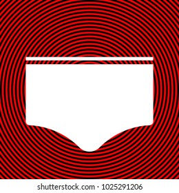 Sport shorts. Vector. White icon on red and black radial pattern as background. Isolated.