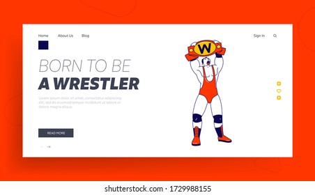 Sport, Show Performance, Combat on Professional Arena Landing Page Template. Male Character Wrestling Fight Winner Holding Golden Belt above Head. Boxing Battle Competition. Linear Vector Illustration