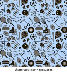 Sport Signs and Symbols Black Background Pattern on a Blue for Web or App Mobile. Vector illustration