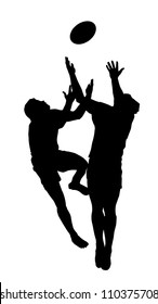 Sport Silhouette - Rugby Football Players Jumping to Catch High Ball