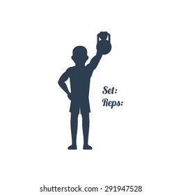 Sport silhouettes icon in black color on white background with text Set Reps. Atlete pulled up his left arm with kettlebell. For web construction, mobile applications, banners, brochures, books