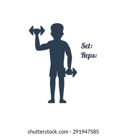 Sport silhouettes icon in black color on white background with text Set Reps. Man raises dumbbells. For web construction, mobile applications, banners, brochures, books, layouts etc.