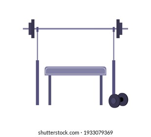 Sport simulator for bench press rack in gym. Equipment heavy barbell for power workout, exercise bodybuilding. Flat vector illustration isolated on white background.