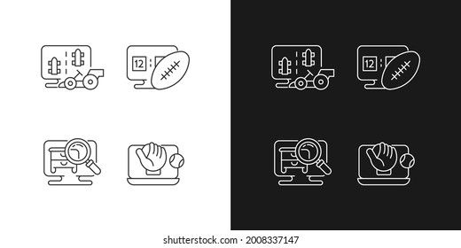 Sport simulators types linear icons set for dark and light mode. Virtual car controlling racing. Customizable thin line symbols. Isolated vector outline illustrations. Editable stroke