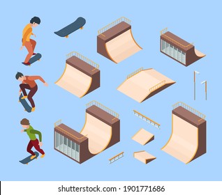 Sport skate park. Outdoor activities urban teenagers skaters in action poses jumping on trampoline and railings vector isometric set