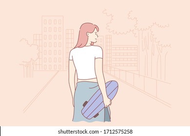 Sport, skateboarding, hobby concept. Young happy modern smiling woman hipster girl teenager cartoon character with penny board stands her back to camera. Active lifestyle extreme sport activity vector