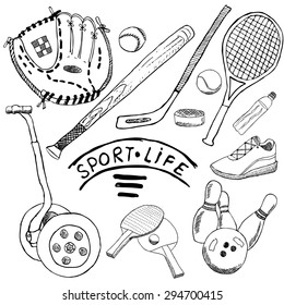 Sport sketch doodles elements. Hand drawn set with baseball bat and glove, segway bowling, hockey tennis items, Drawing doodle collection, isolated on white background.