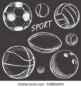 Sport sketch doodles elements. Hand drawn set with baseball bat and glove, bowling, hockey tennis items, Drawing doodle collection, isolated on dark background..