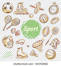 Sport sketch equipment. Drawing doodle collection, isolated. Vector