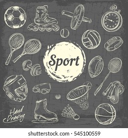 Sport sketch equipment. Drawing doodle collection, isolated. Vector