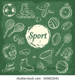 Sport sketch equipment. Drawing doodle collection, isolated. Vector
