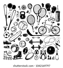 Sport sketch equipment. Hand drawn doodle set icon of recreation and leisure isolated on white background. Vector illustration