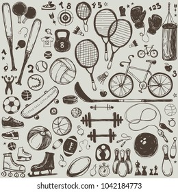 Sport sketch equipment. Hand drawn doodle background of icon of recreation and leisure. Vector illustration