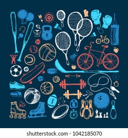 Sport sketch equipment. Hand drawn doodle set icon of recreation and leisure isolated on dark blue background. Vector illustration