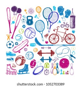 Sport sketch equipment. Hand drawn doodle set icon of recreation and leisure isolated on white background. Vector illustration