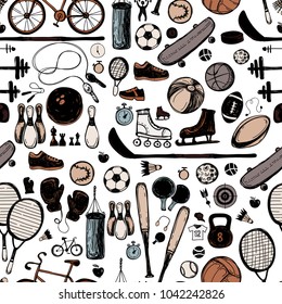 Sport sketch equipment seamless pattern. Hand drawn doodle icon background of recreation and leisure. Vector illustration