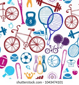 Sport sketch equipment seamless pattern. Hand drawn doodle icon background of recreation and leisure. Vector illustration
