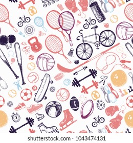 Sport sketch equipment seamless pattern. Hand drawn doodle icon background of recreation and leisure. Vector illustration