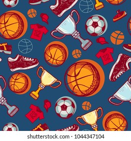 Sport sketch equipment soccer and basketball seamless pattern. Hand drawn doodle icon football background of recreation and leisure. Vector illustration