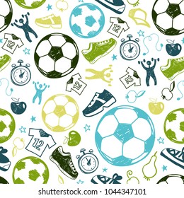 Sport sketch equipment soccer seamless pattern. Hand drawn doodle icon football background of recreation and leisure. Vector illustration