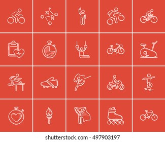 Sport sketch icon set for web, mobile and infographics. Hand drawn sport icon set. Sport vector icon set. Sport icon set isolated on red background.