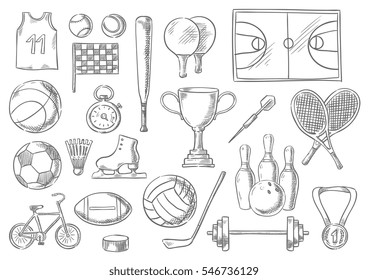 Sport sketch isolated items. Basketball t-shirt, checkered flag, tennis, shuttlecock and rackets, soccer football filed, bicycle, champion prize cup, weightlifting dumbbell and barbell, hockey puck