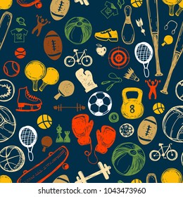 Dibujo deportivo sin fisuras. Pieza dibujada a mano de los ídolos de fondo de recreación y ocio. Ilustración del vector