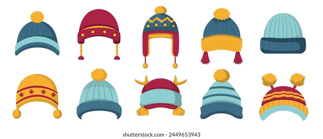 Sport ski snowboarding hats collection, set of autumn or winter cap, knit hat vector illustration, isolated on white background
