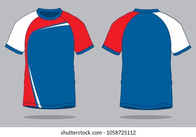 Sport Slope Shoulder T-shirt Design
With Blue/Red/White Colors Vector.Front And Back Views.