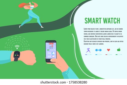 Sport smart watch concept vector illustration. Cartoon flat human hands with wristband fitness bracelet, watchband tracker and smartphone, sports devices for training workout, running activity banner