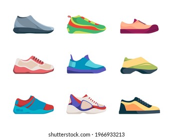 Sport sneakers. Fashioned shoes footwear for active healthy lifestyle garish vector casual sneakers flat illustrations