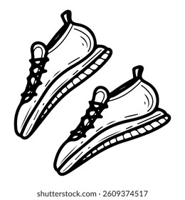 Sport sneakers. Hand drawn doodle. Fitness shoes. Outdoor running. Cardio equipment in the gym. Special clothing. Healthy lifestyle. Vector line art illustration.