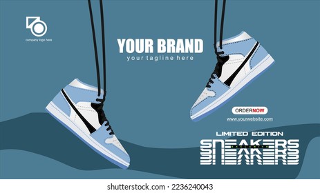 Sport Sneakers shoes banner for website with button, ui design, vector illustration