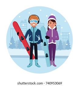 Sport snowboard couple cartoon
