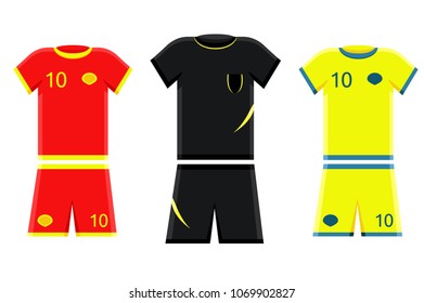 Sport soccer red yellow black uniform form for football, futsal, training, match, game, referee. T-shirt shorts. Modern flat cartoons vector illustration icons. Isolated on white.