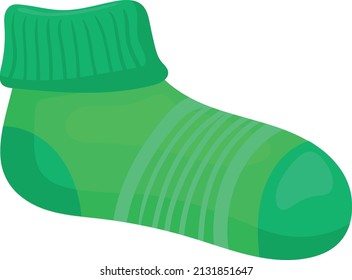 Sport sock. Green striped cartoon fashion icon isolated on white background