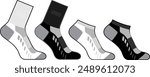 Sport socks flat sketch fashion illustration drawing template mock up, anklet socks and mid calf socks cad drawing for unisex men's and women's, athletic sock design