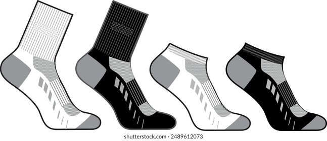 Sportsocken Flach Sketch Mode Illustration Zeichnen Vorlage Mock Up, Fußkettsocken und Mid Calf Socken CAD-Zeichnung für Unisex Herren und Damen, Sportliche Socken Design