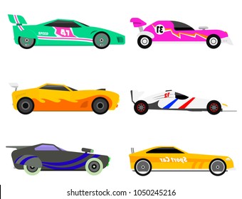 Sport speed automobile and offroad rally car colorful fast motor racing auto driver transport motorsport vector illustration.