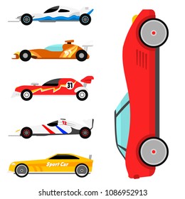 Sport speed automobile and offroad rally car colorful fast motor racing auto driver transport motorsport vector illustration.